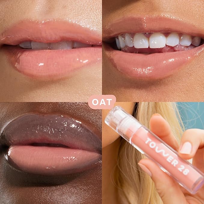 Tower 28 ShineOn Lip Gloss Jelly - Hydrating Tinted Lip Balm + Milky Gloss for Sensitive Lips - Non-Sticky + High-Shine Jelly Formula with Nourishing Oil Blend - Oat - Peachy Pink (0.13)