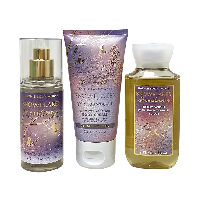 Bath & Body Works Snowflakes & Cashmere Mini Gift Box Trio - Fragrance Mist - Body Cream and Body Wash with a Himalayan Salts Springs Sample Soap - Travel Size