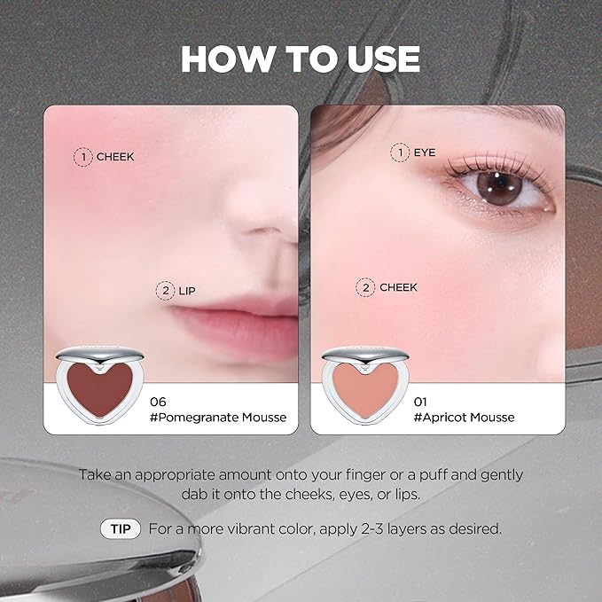 lilybyred Luv Beam Cheek Mousse | Heart-Shaped Korean Cream Blush, Airy Soft-Matte Texture, Soft-Focus & Pore-Blurring Finish, Seamless Buildable, Natural Flush, 0.13 oz. (05 Fig Mousse)