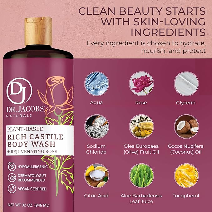 Dr. Jacobs Naturals Pure Castile Soap Liquid Body Wash, Rose - Plant Based Body Soap Infused with Vitamin E and Aloe Vera to Moisturize Dry and Sensitive Skin - Made in The USA - 16 oz, Pack of 2