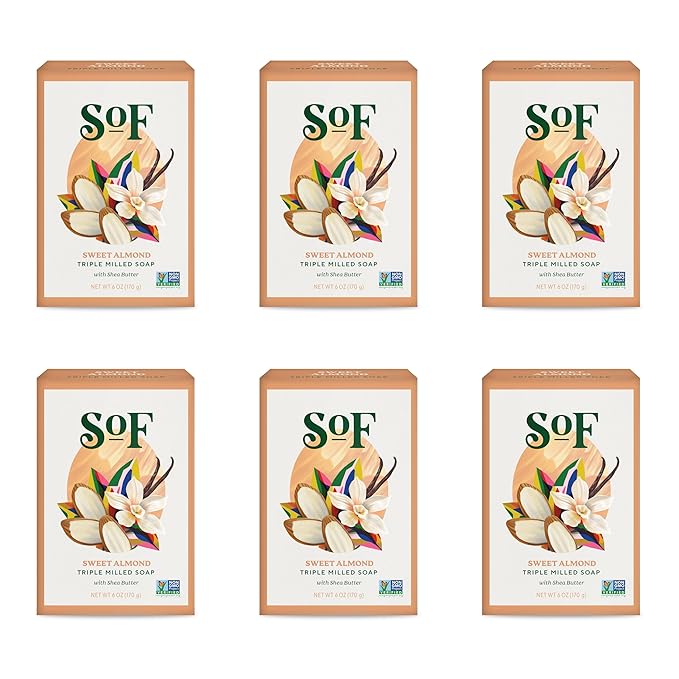 SoF Triple Milled Bar Soap - With Coconut Oil & Organic Shea Butter- Vegan & Non GMO- Free From Phthalates, Sulfates & Parabens- Sweet Almond - 6 oz Bar 6 Bars