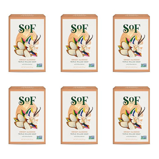 SoF Triple Milled Bar Soap - With Coconut Oil & Organic Shea Butter- Vegan & Non GMO- Free From Phthalates, Sulfates & Parabens- Sweet Almond - 6 oz Bar 6 Bars