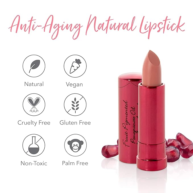 100% PURE Pomegranate Oil Anti-Aging Lipstick Long Lasting, Vibrant Makeup - Moisturizing Cocoa Butter Satin Finish - Vegan Fruit Pigmented Bee Balm Color (Warm Deep Peachy Pink) - 0.15 oz