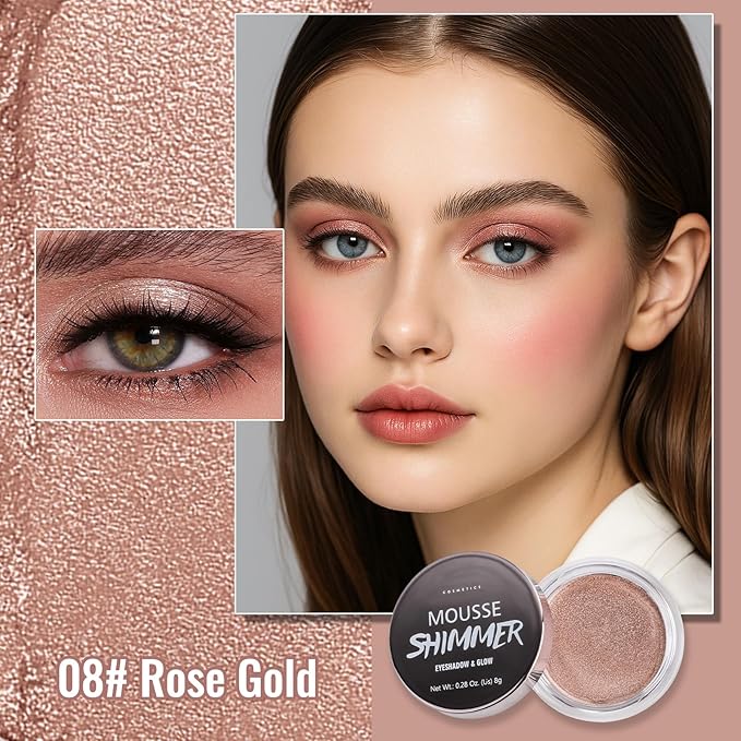 Erinde Shimmer Cream Eyeshadow, Highlighter Creme Eye Shadow Palette, Waterproof Long Lasting, Soft Shimmer Glitter Eye Brightener Makeup,Vegan & Cruelty, 08 Rose Gold