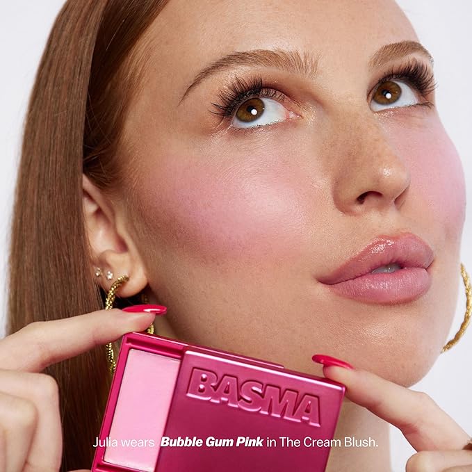 BASMA Beauty Cream Blush for Cheeks, Buildable Non-Sticky Cream Blush Makeup, Long-Lasting Cheek and Lip Tint with Vitamin E, Aloe Vera & Rosemary Extract, Gluten-Free Vegan (1, Bubble Gum Pink)