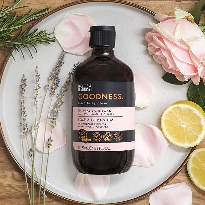 Baylis & Harding Goodness Body Wash, Rose & Geranium Scent. Natural Body Wash & Bath Soak Set, 98% Naturally Derived, Dermatologist Approved, Vegan.