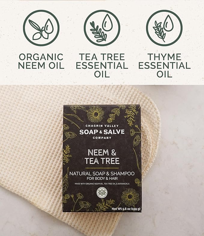 Chagrin Valley Soap & Salve Neem & Tea Tree Organic Soap & Shampoo Bar – Soothe Dry, Itchy, Irritated Skin - Sulfate Free For Body & Hair Vegan Shampoo Natural, Large 5.6 oz Bar