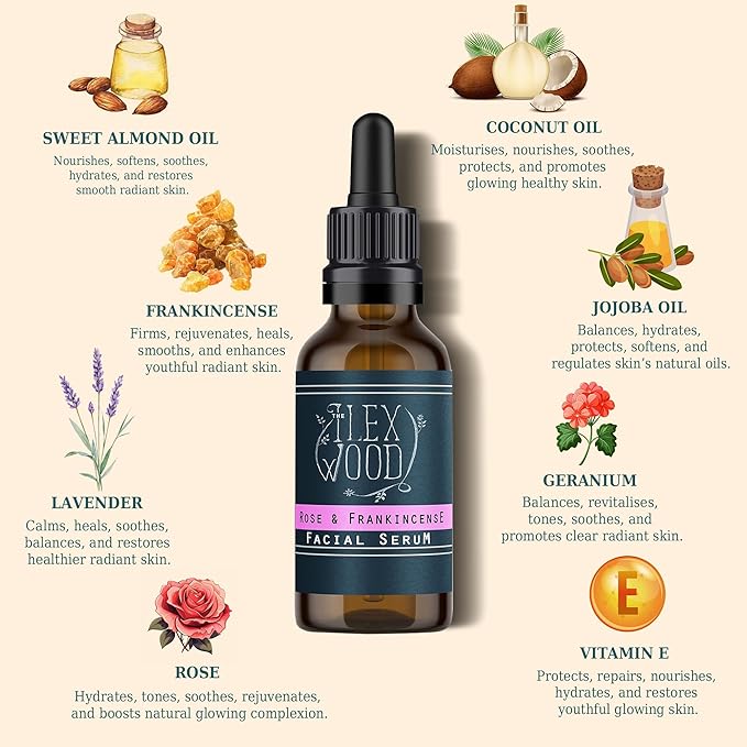 The Ilex Wood - Rose and Frankincense Face Serum - 100% Natural, Vegan, Moisturising, Anti Ageing, Wrinkle & Line Reducing, Cruelty Free, Plastic Free, Handcrafted - 20ml (0.68 fl oz)
