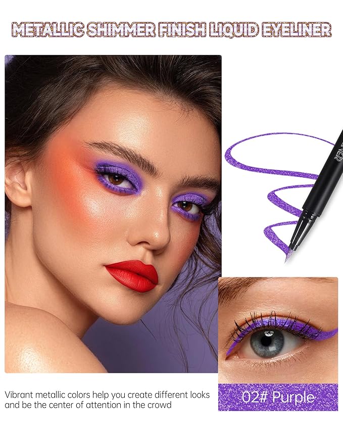 Metallic Purple Glitter Liquid Eyeliner, Diamond Shimmer Waterproof Eyeliner, Sparkle Colored Eyeliner Pen Long-Lasting, Ultra-Fine Tip Smudge-Proof, Quick-Drying, High Pigmented Delineador De Ojos-02