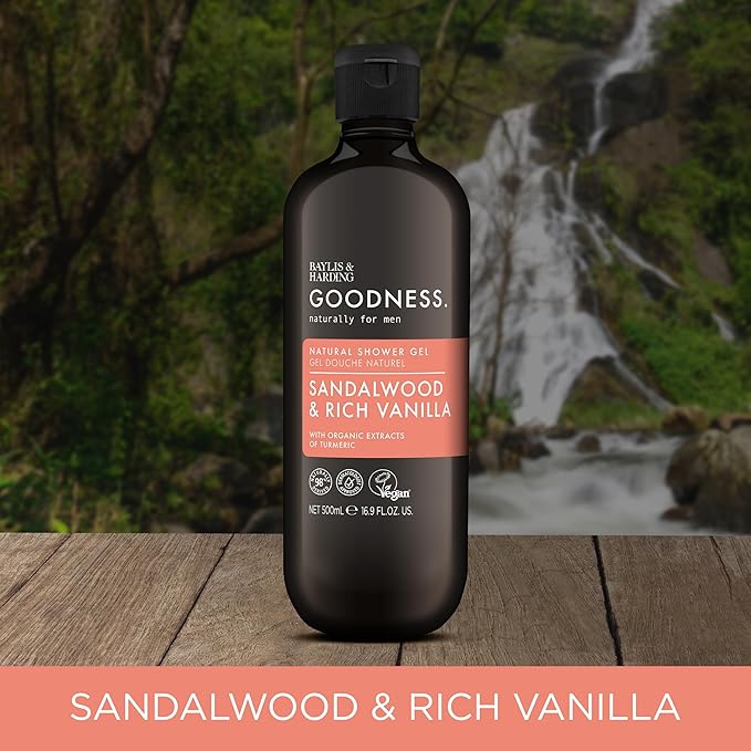 Baylis & Harding Goodness Men's Sandalwood & Vanilla Natural Body Wash, 16.9 fl. oz (Pack of 3) - Biodegradable Formula - Vegan Friendly