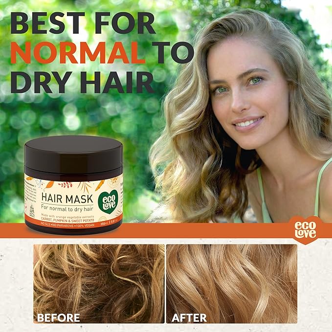 ecoLove Hair Mask for Dry, Damaged, and Curly Hair - Deep Conditioning Treatment with Carrot and Pumpkin Extract, SLS & Paraben-Free, Vegan and Cruelty-Free - 11.8 oz