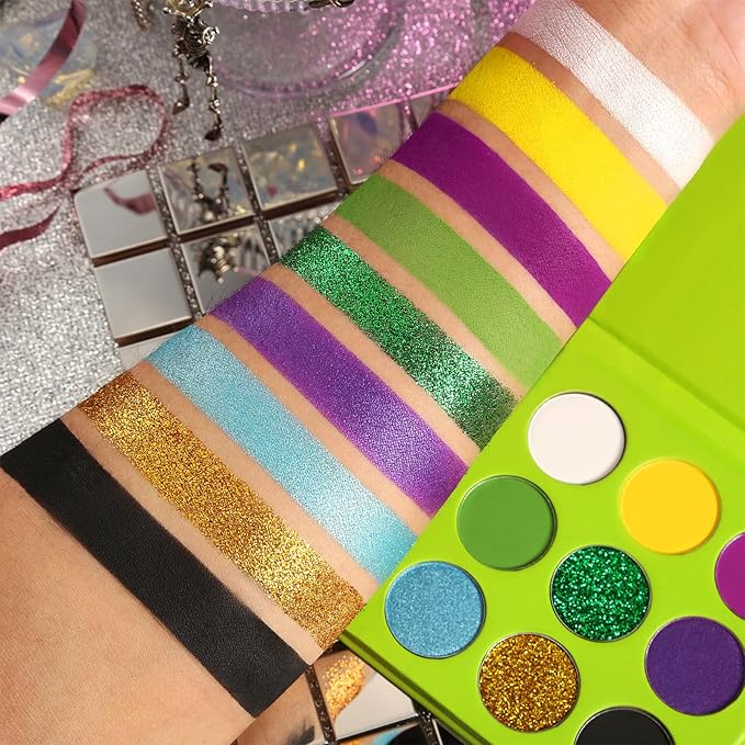 Purple Green Gold Eyeshadow Palette, Matte Shimmer Lavender Green Goth Smoky Eye Shadow Makeup Palette, Pigmented Long Lasting Mardi Gras Makeup Pallet for Stage, Witch, Ursula, Beetlejuice, Cosplay