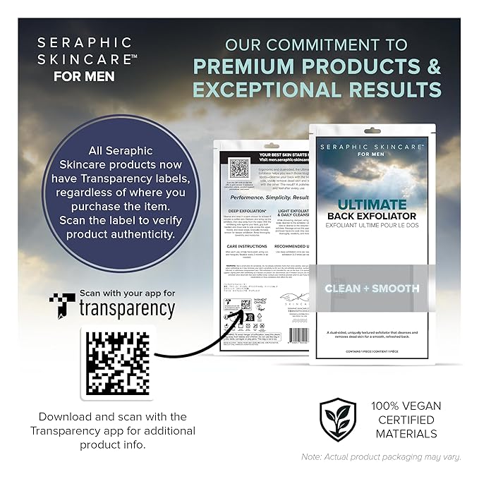 Seraphic Skincare Men Ultimate Premium Back Exfoliator – Dual-Sided Back Scrubber for Men, Double Side for Deep Exfoliation, Mesh & Washcloth Side for Cleansing - Dead Skin Removal & Self Tanner
