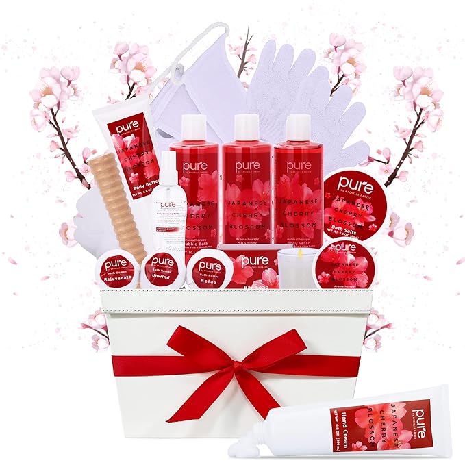 Womens Birthday Gift Basket - Spa Gift Basket For Women - Japanese Cherry Blossom Spa Set. Christmas Bath and Body Gift Basket for Girlfriend/Wife. Bath & Body for Holiday Gift #1 Spa Basket for Her