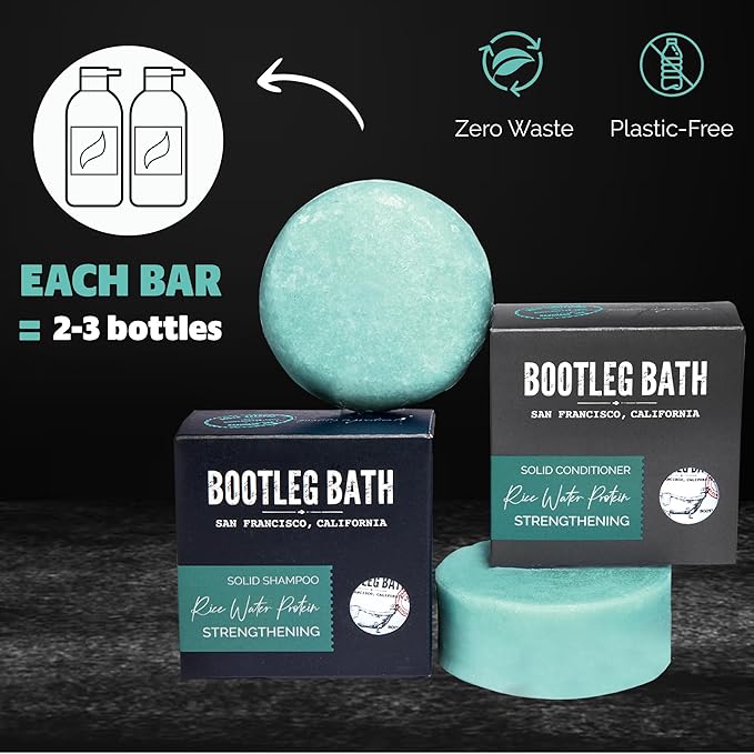 Strengthening Shampoo and Conditioner Bar Set with Rice Water Protein and Argan Oil, Vegan, Sulfate-Free, Phthalate-Free, Paraben-Free, Eco Friendly, 2.2 oz bars