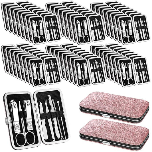 Geosar 50 Set 8 in 1 Travel Manicure Kit Bulk Professional Nail Clippers Pedicure Nail Care Tools Grooming Stainless Steel Set with Portable Travel Case, Gift for Valentine Men Women(Glitter Pink)