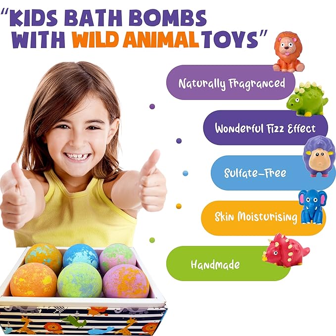 Bath Bombs for Kids with Toys Inside - Organic Bubble Bath Fizzies with Jungle Animal Toys. Gentle and Kids Friendly Spa Bath Balls, Bath Fizz Balls, Easter Basket Essentials for Girl, Boys, Toddlers
