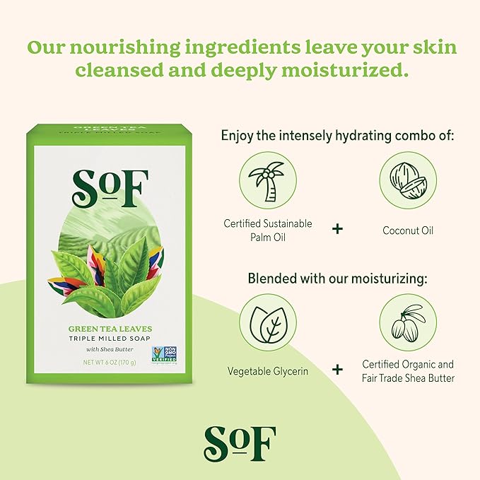SoF Triple Milled Bar Soap - With Coconut Oil & Organic Shea Butter- Vegan & Non GMO- Free From Phthalates, Sulfates & Parabens- Green Tea Leaves - 6 oz Bar 6 Bars
