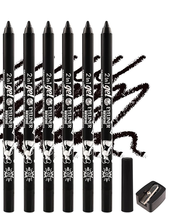 6Pcs Black Gel Eyeliner Pencil, Eye Liner Pencils Waterproof Smudge proof Long Wear, Matte Gel Cream Smooth Texture, Intense Color Waterline Eyeliner Pen Makeup with Sharpener, Delineador De Ojos