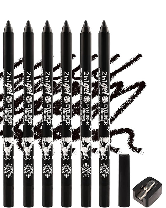 6Pcs Black Gel Eyeliner Pencil, Eye Liner Pencils Waterproof Smudge proof Long Wear, Matte Gel Cream Smooth Texture, Intense Color Waterline Eyeliner Pen Makeup with Sharpener, Delineador De Ojos