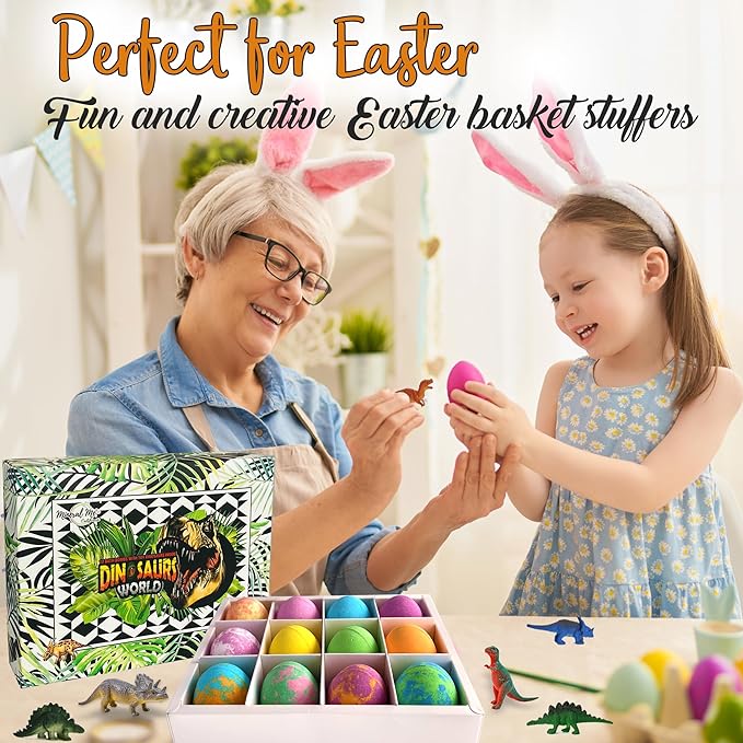 Bath Bombs for Kids with Surprise Inside - 12 Dinosaur Bath Bombs with Toys, Organic Colorful Bubble Bath Fizzies, Dino Egg Bath Bomb w/Rich Bubbles, Easter Basket Essentials for Kids, Boys, Girls