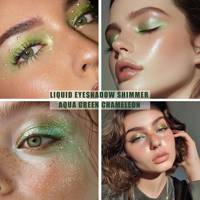 Aqua Green Chameleon Shimmer Liquid Eyeshadow, Longwear Waterproof Lightweight Eye Shadow Cream, Buildable Blendable Eye Makeup,Vegan Cruelty-Free Paraben-Free for Older Women Stage makeup 08#