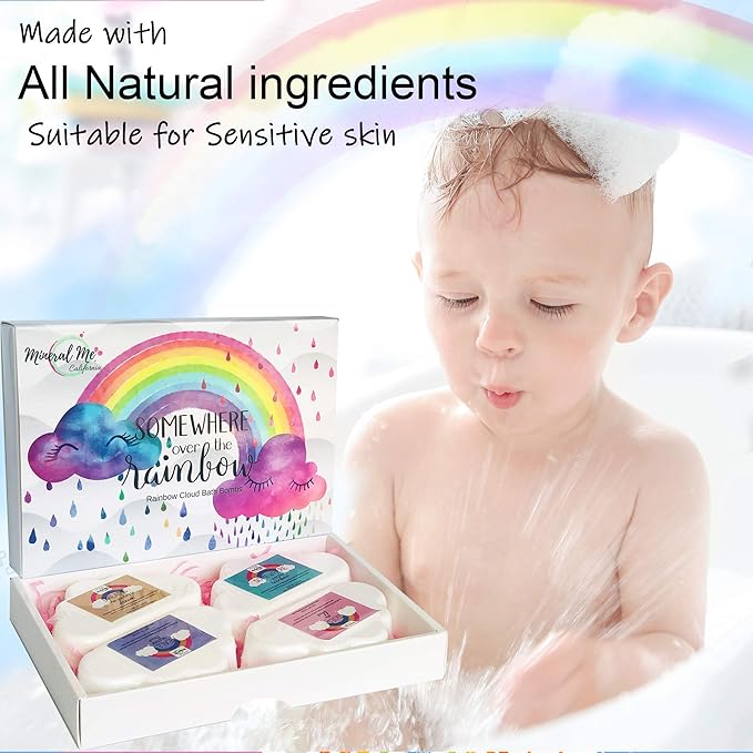 Bath Bombs for Kids- Organic Magic Rainbow Bubble Bath Bombs w/Moisturizing Shea Butter and Natural Oils, 4 Large Unicorn Cloud BathBombs, Birthday Gift for Her, Easter Basket Essentials for Kids