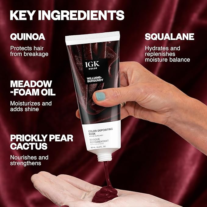 IGK Williams Burgundy Color Depositing + Conditioning Hair Mask | Intense Burgundy - Merlot Cherry Tones | Hydrating Semi-Permanent Gloss Toner Treatment