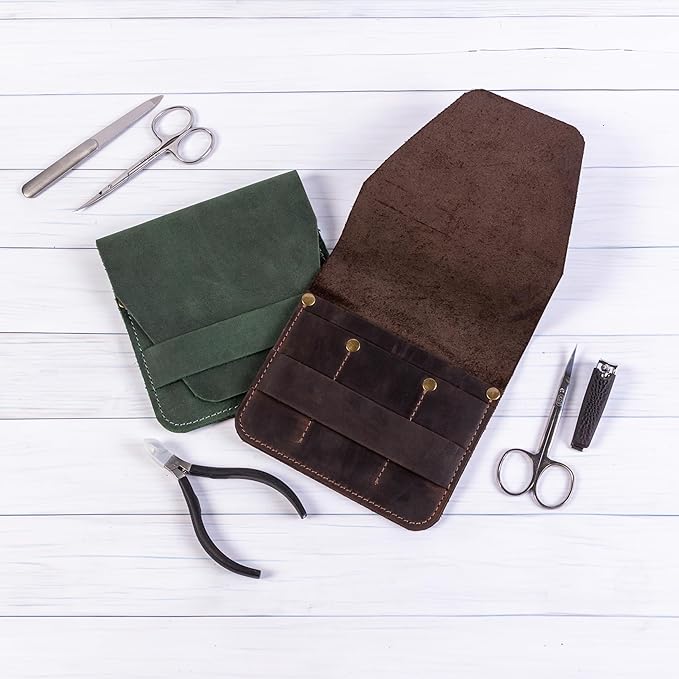 Leather Manicure Set Case Grooming Kit Organizer (Light Brown)