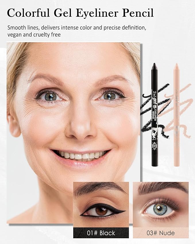Black Nude Waterline Eyeliner Gel Pencil, Long Stay Eyeliner Waterline Waterproof Smudge-Proof, Safe for Sensitive Eyes, Eye Liner Brightener Pen with Sharpener, Soft Cream Rich Color Eye Makeup Pen