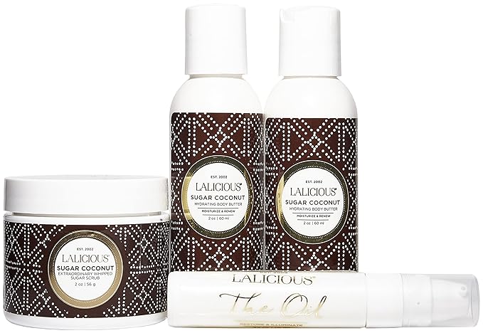 LaLicious Sugar Coconut Travel Set - Whipped Sugar Scrub, Shower Gel/Bubble Bath, Body Butter & Body Oil in a Luxe Velour Makeup Bag (4 Piece Kit)