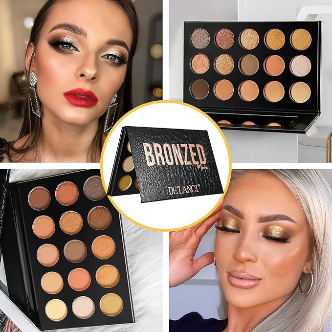 Nude Gold Eyeshadow Palette Natural Naked Smokey Warm Neutral 15 Shades, DE'LANCI Ultra-Blendable High Pigmented Matte Shimmer Matallic Long Lasting Waterproof Eye Shadow Pallet, Travel Size Makeup