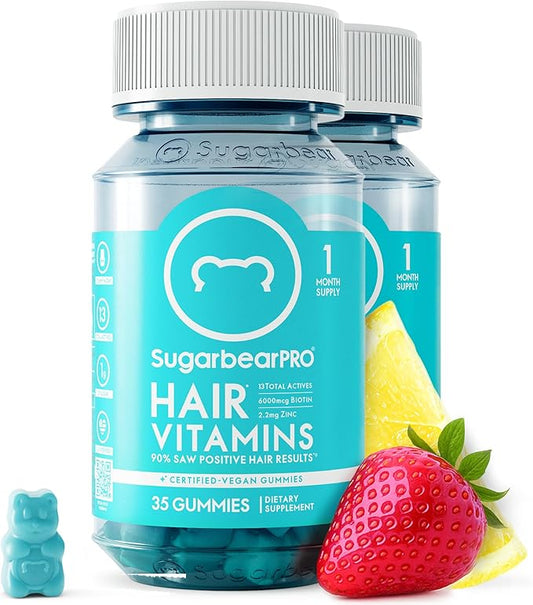 Sugarbear Hair Vitamin Gummy 2 Month Supply Extra Strength Biotin 6000mcg, Growth for Men & Women, Vegan Vitamin B12, MSM, Inositol, Omega 3, Elderberry, Certified Kosher, Halal, Cruelty-Free