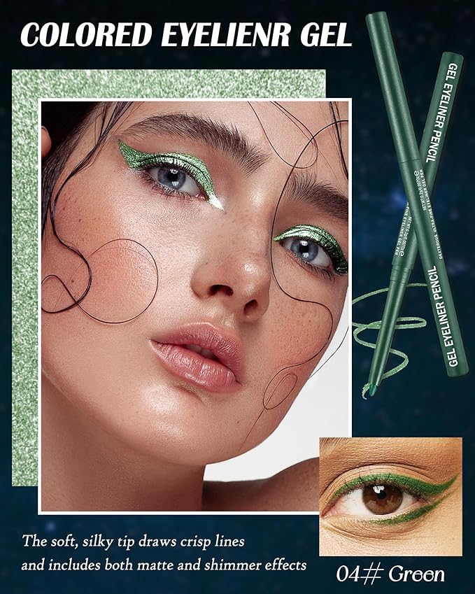 Green Glitter Gel Eyeliner Pencil Waterproof, Metallic Retractable Cream Smooth Eye Liner Pencils, Long Lasting Waterline Hypoallergenic Precision Eyeliner Pencil, Highly Pigmented Makeup for Women-04