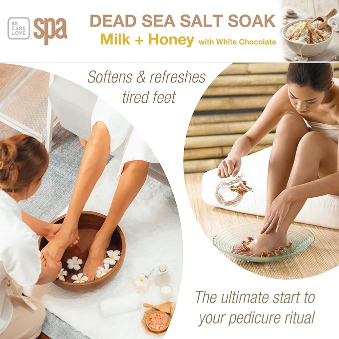 BCL SPA Dead Sea Salt Soak - Bath Salt with Organic Milk + Honey, White Chocolate, Shae Butter, Arnica, Aloe Vera Juice, Chamomile, Argan & Jojoba Oil Skin Exfoliator - Home/Professional Use 16 fl oz