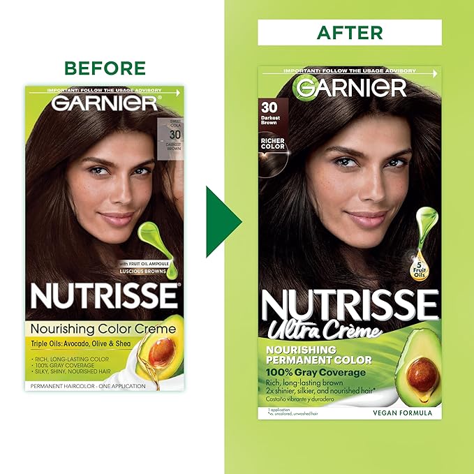 Garnier Nutrisse Ultra Crème Hair Color, Permanent Hair Dye with 100% Gray Coverage, Vegan & Cruelty-Free, 30 Darkest Brown (Sweet Cola), 2 Count