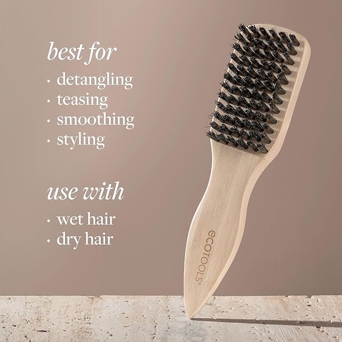 EcoTools Mini Slick Back Hairbrush, Travel Brush, Perfect Ponytail Or Bun, Tease, Smooth & Style Hair, Tame Frizz & Flyaways, Renewable Bamboo Handle & Vegan Boar Bristles, Cruelty-Free, 1 Count