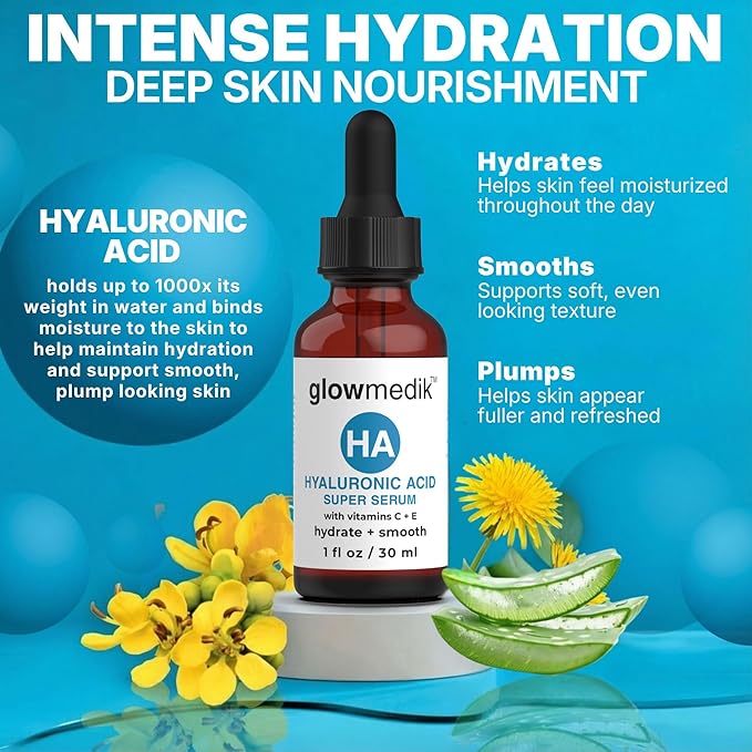 Glowmedik Hyaluronic Acid Serum for Face with Vitamin C & E - Hydrating Face Serum for Dry Skin, Fine Lines & Wrinkles - Vegan Facial Moisturizer for Women, 1 fl oz 30ml
