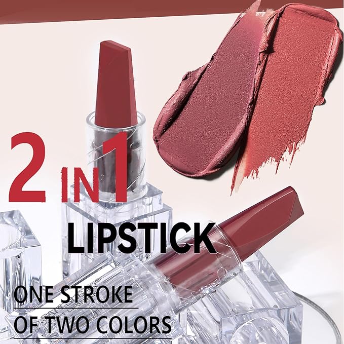 2 in 1 Rose Red Lipstick Nude Lipstick Dual Sided, Lip stick for Women, One Stroke Two-Tone High Pigment Longlasting Waterproof Non-Stick Gloss Lipsticks for Christmas Cosplay (#06)
