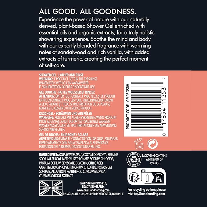 Baylis & Harding Goodness Men's Sandalwood & Vanilla Natural Body Wash, 16.9 fl. oz (Pack of 3) - Biodegradable Formula - Vegan Friendly