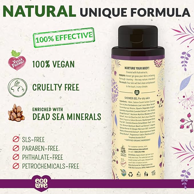 ecoLove - Natural Moisturizing Body Wash for Dry Skin - Organic Blueberry, Grape & Lavender - No SLS or Parabens - Vegan and Cruelty-Free Shower Gel, 17.6 oz