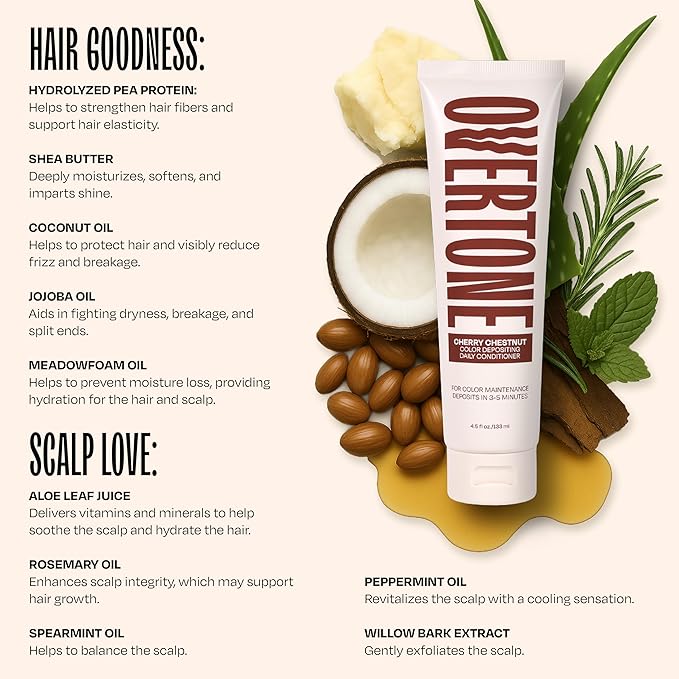 Overtone Daily Color Depositing Conditioner for Hair, Cherry Chestnut:Temporary Pigment with Shea, Coconut & Avocado Oils, Hydrating, Vegan & Cruelty-Free, All Hair Types, 4.5oz.