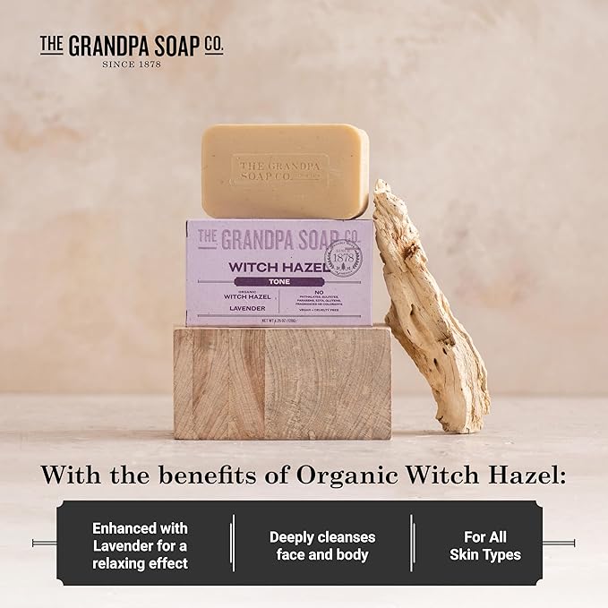 The Grandpa Soap Company Witch Hazel Bar Soap - Gently Tones Skin, With Witch Hazel and Lavender, Provides a Relaxing Effect, Vegan, For Face and Body, 4.25 Oz, 4 Pack