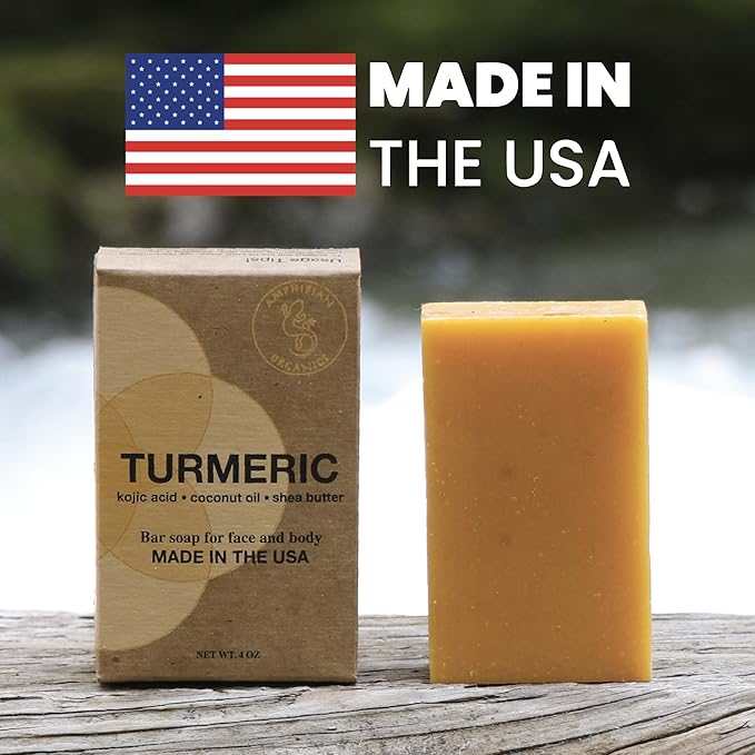 Turmeric Kojic Acid Soap Bar with Coconut Oil, Shea Butter & Essential Oils – Handcrafted in USA, Vegan Natural Face & Body Bar for All Skin Types, 4oz