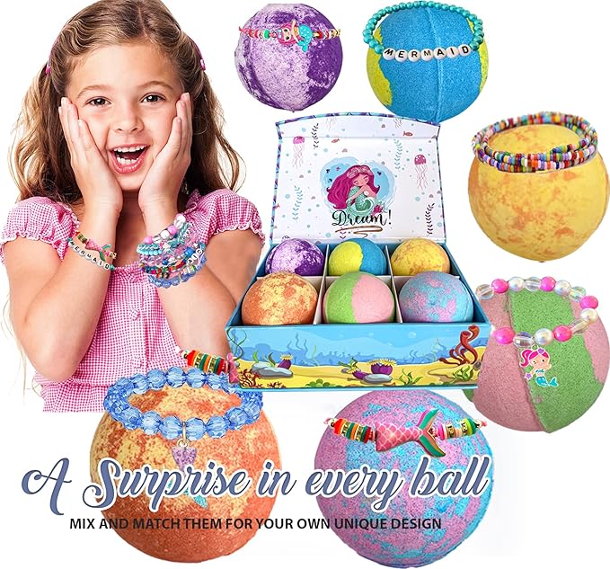 Bath Bombs for Kids w/Surprise Inside, Mermaid Bath Bombs for Girls with Jewelry & Jewelry Box for Kids Organic, Skin Moisturizing, Natural Bubble Birthday Gift Easter Basket Essentials for Boy Girls