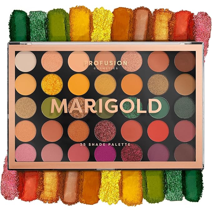 Profusion Cosmetics Marigold 35 Shade Eyeshadow Palette – Multicolor Blendable Natural Shades in Matte, Shimmer, and Glitter Finishes, Long-Wear Formula, Vegan & Cruelty-Free Makeup