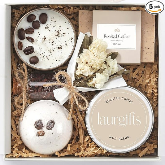 Spa Gift Basket for Women – Small Coffee Scented Candle Set with Bath Bomb & Salt Scrub | Handmade Spa Box Present, Birthday & Housewarming Gift for Her