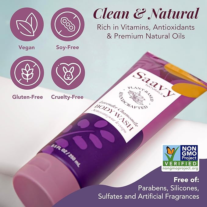 Saavy Naturals Moisturizing Body Wash for Sensitive Skin – Plant-Based & Pure with Coconut Oil, Shea Butter & Aloe Vera – Paraben-Free, Cruelty-Free – Lavender Chamomile – 8.5 fl oz, 2 pack