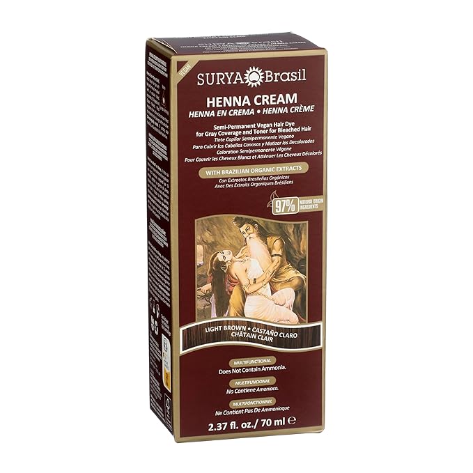Surya Brasil Light Brown Natural Henna Cream Hair Color Treatment for Gray Hair Coverage, Deep Conditioning Semi Permanent Hair Dye, 2.37 oz / 70 ml