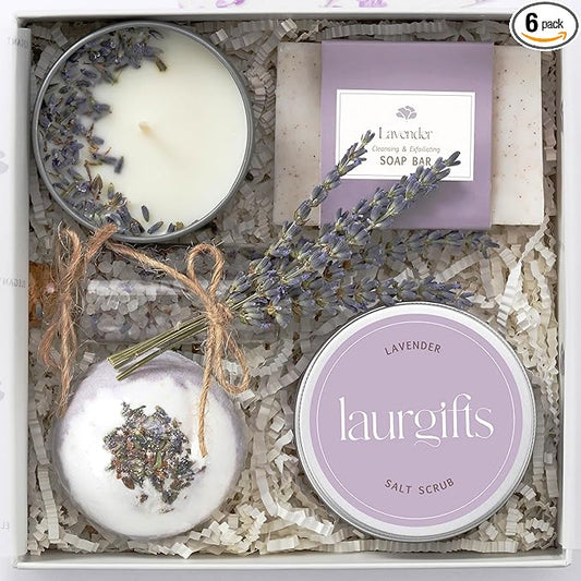 Lavender Spa Gift Box for Women – Small Candle Set with Bath Gifts, Relaxing Self Care Spa Set, Birthday Basket for Women, Mom & New Mom
